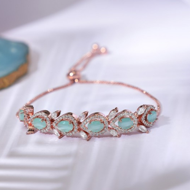 Women Rose Gold-Plated Sea Green Diamond Studded Bracelet
