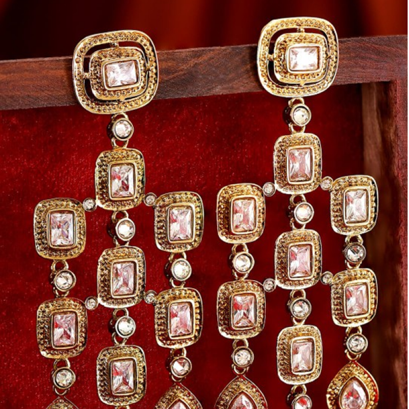 Gold Plated Zirconia Studded Antique Light Gold-Tone Premium Chandelier Earring